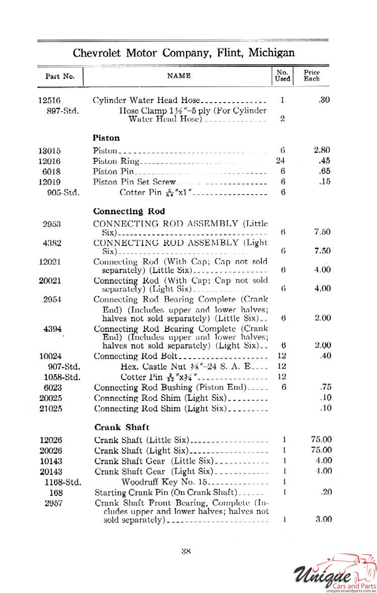 1912 Chevrolet Light and Little Six Parts Price List Page 78